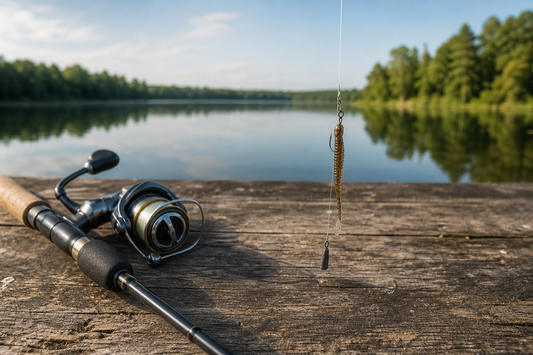 Complete drop shot rig with soft bait, sinker, and bass fishing rod beside a freshwater lake
