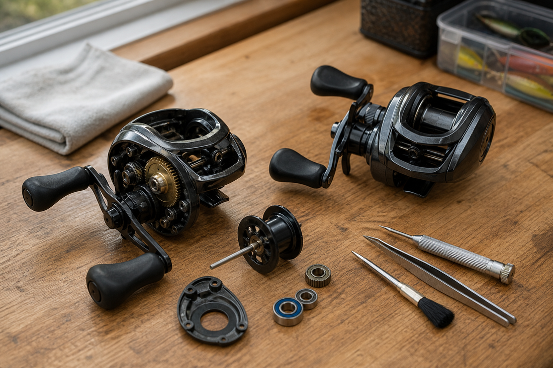 A baitcasting reel being evaluated beside a second reel and separated repair components on a fishing workbench