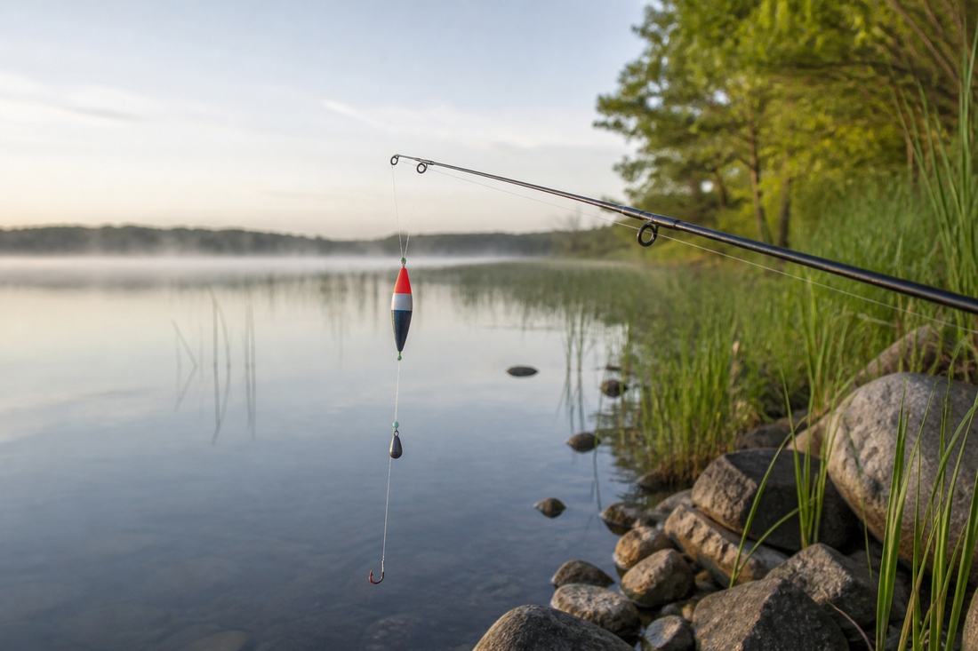 Completed slip bobber rig beside a fishing rod on a freshwater shoreline