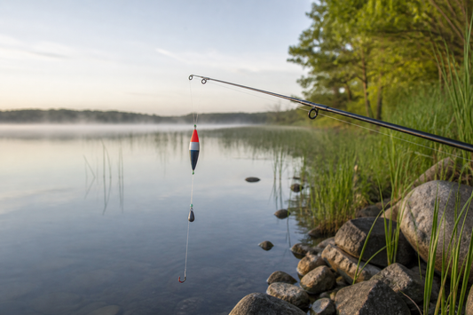 Completed slip bobber rig beside a fishing rod on a freshwater shoreline