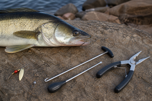 Short hook remover, long-reach hook remover, and fishing pliers arranged beside a fish with a visible hook near the front of its mouth