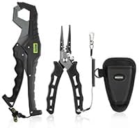 Booms Fishing F07S Pliers and Fish Lip Gripper Combo, Hook Remover, Split Ring Pliers, Stainless Steel Saltwater Tools With Lanyard and Sheath, Gift for Men