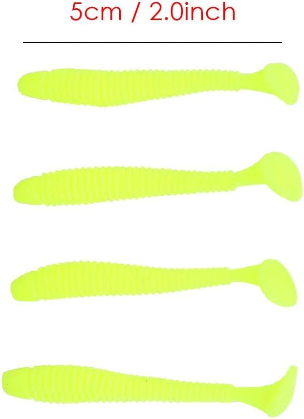 Tbest 50 Pcs 5cm Soft Fishing Lures, Plastic Fishing Bait T-Tail Grub Worm Baits Fish Tackle Accessory 9 Colors