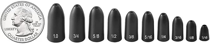 12 Pack Tungsten Bullet Fishing Weights, Insert Free Worm Sinkers, 1/8 3/16 1/4 3/8 1/2 oz