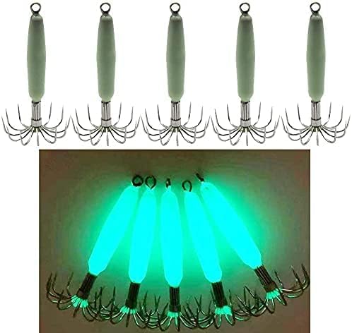5pcs/Box Luminous Squid Jig Hooks 12 Stainless Steel Needles Fluorescent Fishing Cuttlefish Sleeve Squid Jig Baits Night Fishing Fresh/Saltwater Lures Baits