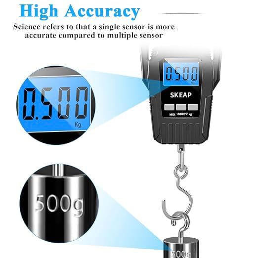 SKEAP Digital Fish Scale - 110lb/50kg Backlit LCD Fishing Gear with Portable Handle, Includes 2 AAA Batteries & Stainless Steel Hook, with USB Charging- Fishing Gifts for Men