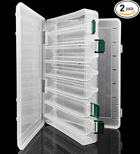 Double-Sided Fishing Lure Hook Tackle Box Visible Hard Plastic Clear Fishing Lure Bait Squid Jig Minnows Hooks Accessory Storage Case Container (Clear-14 Slots)