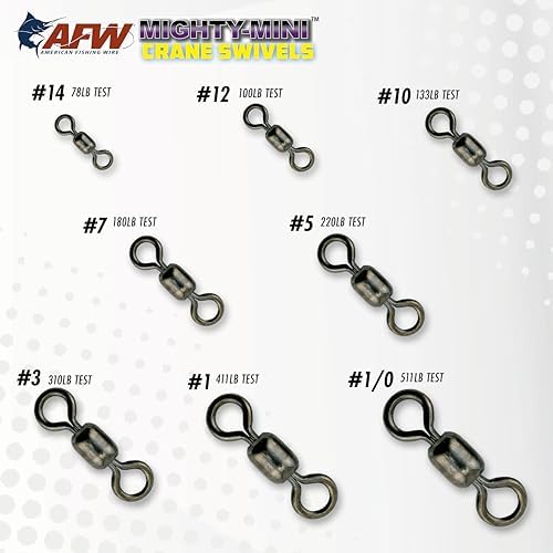 AFW American Fishing Wire Fishing Swivels - Mighty Mini 100% Stainless Steel Crane Swivels, 3X Stronger Than Brass, for Terminal Tackle Box, Up to 600lb Test - Fishing Gear for Fishing Line Leaders