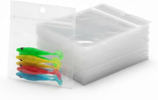 100 Pack Soft Plastic Baits Bags 4”x4" | Heavy-Duty Clear Lock Zipper Lure Packaging Bags - Leakproof Double-Sealed Zipper Storage for Soft Plastic Lures & Fishing Gear | Multiple Sizes
