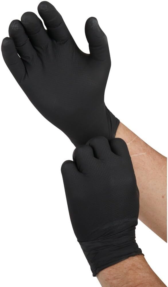 Grippaz 6 Mil Thick Black 100% Nitrile Disposable Gloves, Patented Fish Scale Grip, Touch Screen Capable