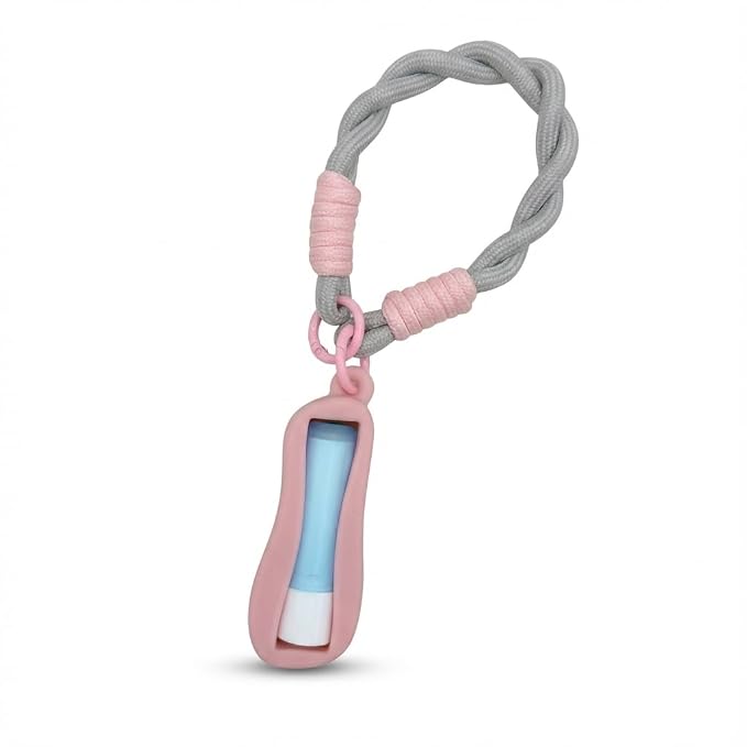 Cute Chapstick Holder keyring with Strap & Carabiner – Durable Silicone Lip Balm Keychain for Women & Backpacks (Pink)