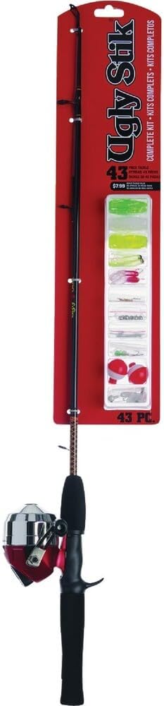 Ugly Stik 5’ Complete Spincast Kit Fishing Rod and Reel Casting Combo, Ugly Tech Construction with Clear Tip Design, 5’ 2-Piece Rod, Red
