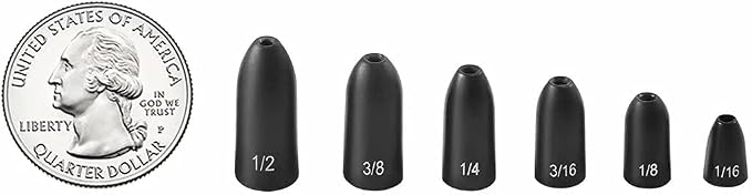 12 Pack Tungsten Bullet Fishing Weights, Insert Free Worm Sinkers, 1/8 3/16 1/4 3/8 1/2 oz