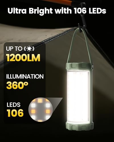 Glocusent 106 LED Camping Lights, Up to 80Hrs, 5000mAh Camping Lantern Rechargeable with 5 Brightness 3 Modes & SOS, IP68 Waterproof, Max 1200LM, Lanterns for Power Outages Hiking Emergency Hurricane
