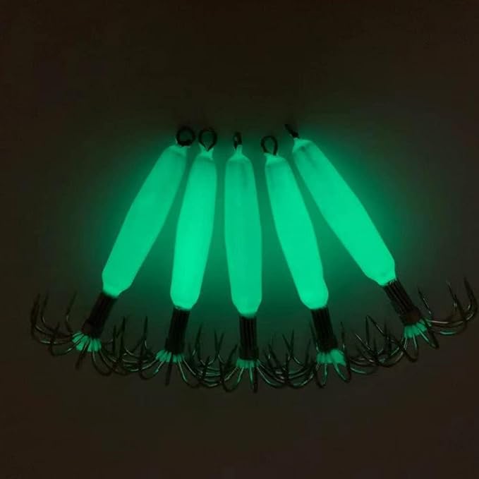 5pcs/Box Luminous Squid Jig Hooks 12 Stainless Steel Needles Fluorescent Fishing Cuttlefish Sleeve Squid Jig Baits Night Fishing Fresh/Saltwater Lures Baits