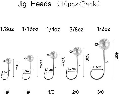 1/8 oz Round Jig Heads 3/16 oz 1/4 oz 3/8 oz 1/2 oz Fishing Jigs Saltwater Freshwater Jig Hooks Set Jig Head Hook for Bass Trout Fishing Accessories Bass Fishing Lures Kit Pack of 10