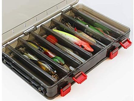 Double-Sided Fishing Lure Hook Tackle Box Visible Hard Plastic Clear Fishing Lure Bait Squid Jig Minnows Hooks Accessory Storage Case Container (Brown 14 Slots)