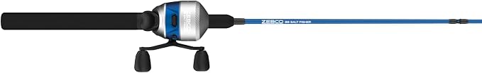 Zebco Salt Fisher 33 Spincast Reel and Fishing Rod Combo, 6-Foot 6-Inch 2-Piece Medium-Heavy Power, Moderate-Fast Action Fiberglass Rod, Interchangeable Retrieve, 12-Pound Line, Blue/Silver