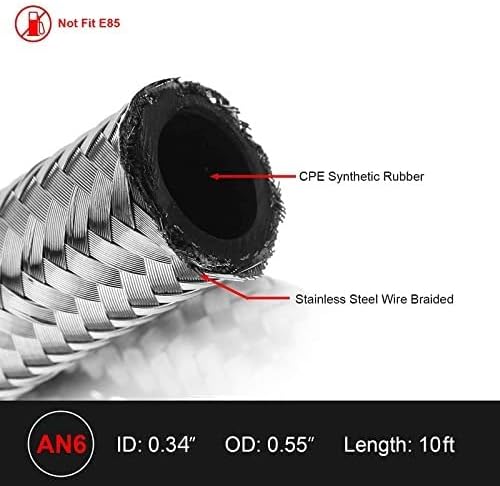 Fuel Line Hose 10FT 6AN 3/8" Universal Silver Stainless Steel Braided Nylon CPE Oil Gas Fuel Hoses 10 Feet AN-6 3/8 inches