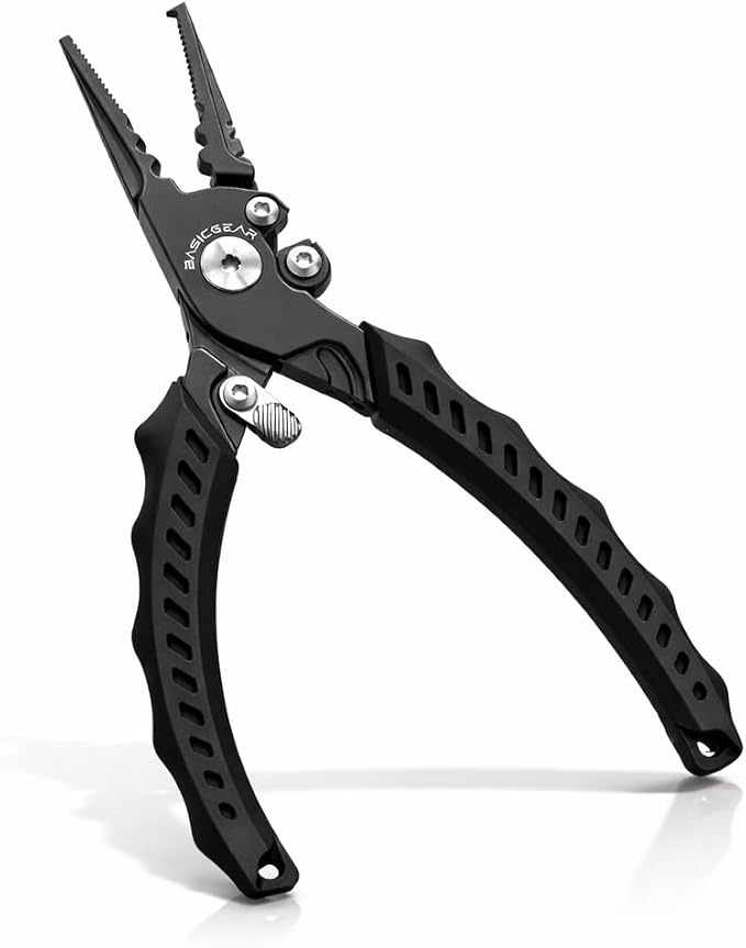 BasicGear Fishing Pliers, 17-4 PH Stainless Steel Saltwater Pliers, Braid Cutter, Split Ring Tool, Corrosion Resistant, One-Hand Operation (6.3" Compact (Light Fishing) - Black)