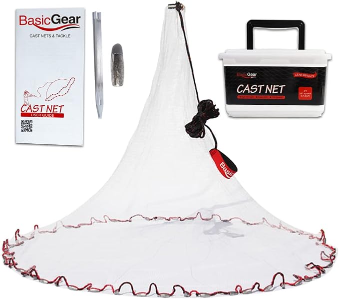 BasicGear Cast Net | Lead, 3ft-12ft Radius, 3/8 or 1/4 inch Mesh for Freshwater and Saltwater Bait Fish| Professional Grade and Upgraded Material | Throw Style