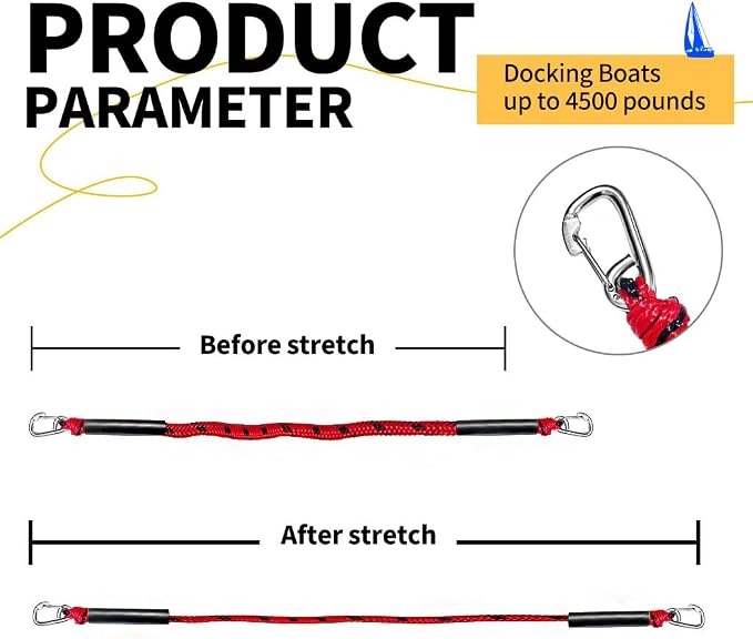 Bungee Boat Dock Line, Boat Rope with Double 316 Stainless Steel Clips Accessories for Bass Boat, Kayak, Pontoon, Watercraft, Waverunner, SeaDoo, Canoe,2Packs,4-6FT,Red&Black