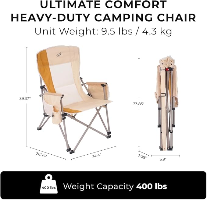 Camphor Designs Heavy Duty Portable Folding Camping Chair for Adults with Padded | for Outdoor & Sports, Backpacking, Beach, Lawn, Hunting, Tailgating, Fishing | Supports 400 Lbs (Single, Beige)