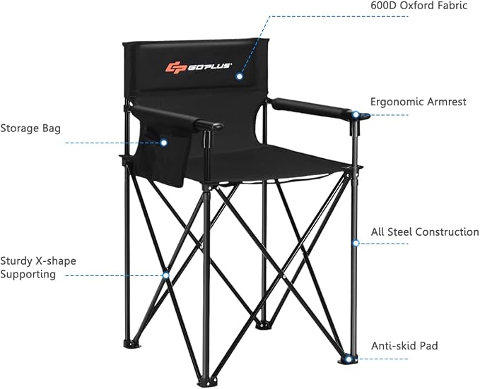 COSTWAY Folding Camping Chair, 38.5” Height Portable Tall Directors Chair with Storage Pouches, Detachable Armrests, Carrying Bag for Fishing, Picnic, Lawn, Black, 250LBS Weight Capacity