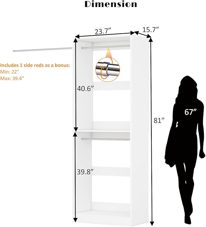 Closet System, 2FT Wood Closet Organizer System Small Walk-in Closet Freestanding Corner Closets Shelf Storage with 3 Hanging Rods, Modular Closet Systems White (2FT)