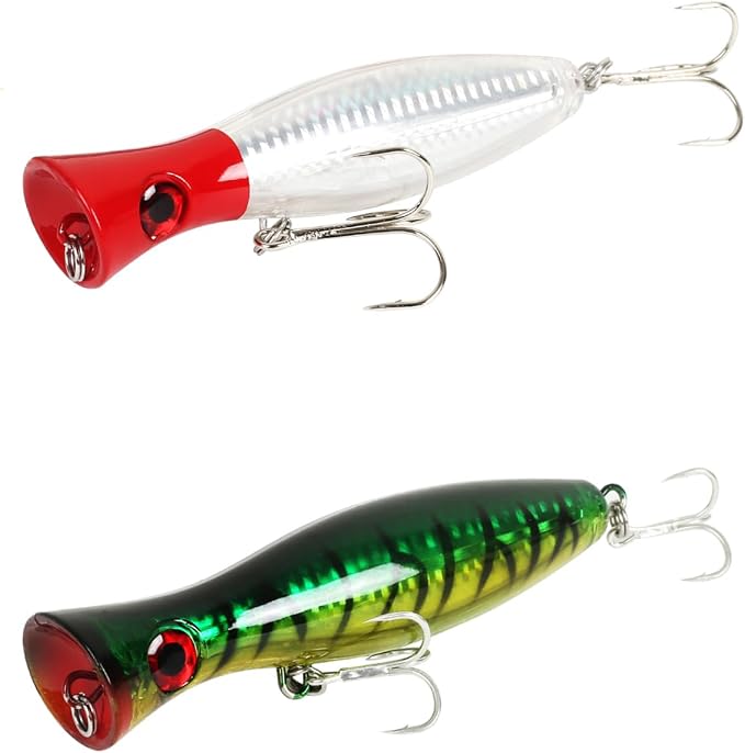 Large Top Water Popper Lure: 2pcs 3D Eyes Tuna Popper Saltwater Fishing Lures for Surf Fishing Gt Tuna Kingfish Large Predator Fish