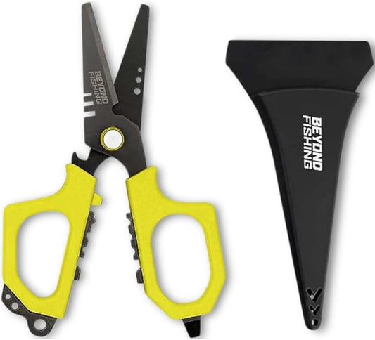 Beyond Fishing 6.5" Pro Fishing Shears Dual Serrated Blades, Fishing Braided Line Scissors with Titanium Coating, Non-Slip Grip & Multifunction Tool, Includes Hard Molded Locking Sheath