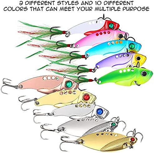 Sumind 10 Pcs Blade Baits Fishing Lures Hard Metal Blade Baits for Walleye Bass Fishing Spinner Spoons Trout Lures for Crappie Saltwater Freshwater, with Storage Box, Assorted Styles