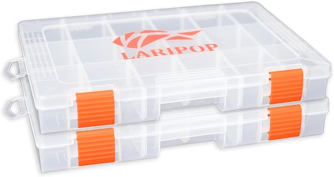 LARIPOP 2-Pack 3600 Fishing Tackle Boxes, Clear Plastic Storage Trays with Adjustable Dividers, Organizer for Lures, Hooks, Sinkers, Jigs & Fishing Accessories