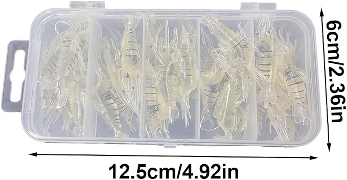 Soft Lures, 30PCS Shrimp Baits with Hook & Storage Box Realistic Swimbaits for Bass Trout Saltwater Freshwater