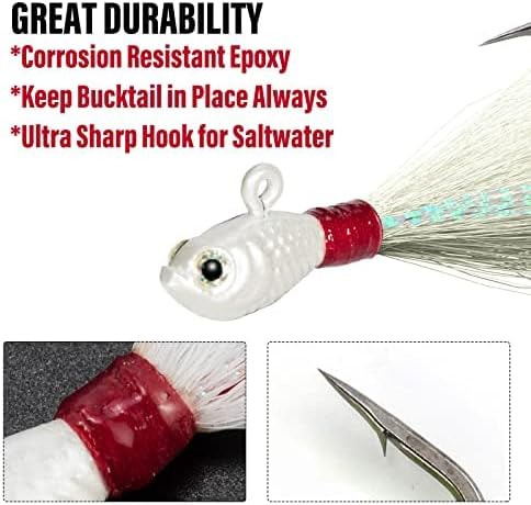 Dr.Fish 3 Pack Bucktail Jig Lure Hair Jig Saltwater Freshwater Lures Surf Fishing Bass Flounder Striper Bluefish Halibut Redfish