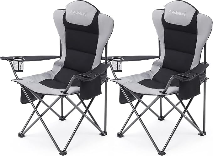 Aohanoi 2 Pack Camping Chairs for Heavy People,Outdoor Folding Camp Chairs for Adults with Cup Holder & Cooler Bag for Outside,Outdoor Lawn Chairs Supports Up to 400lbs