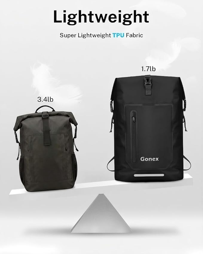 Gonex Ultralight Waterproof TPU Backpack, 55L Roll Top Dry Bag with Comfortable Padded Back Panel for Kayaking Boating Camping Fishing Travel,Black