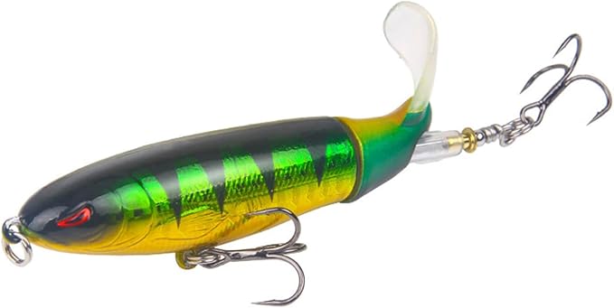 10Pcs Whopper Fishing Lure for Bass Popper Top Water Fishing Lures with Floating Rotating Tail Barb Treble Hooks in Saltwater Freshwater Plopping Lures Kit