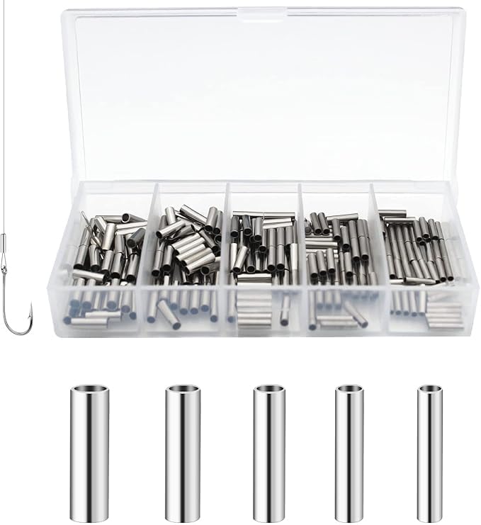 250pcs/500pcs Single Copper Barrel Crimp Sleeves Kit, 5 Sizes Single Tube for Fishing Leader Wire Rope