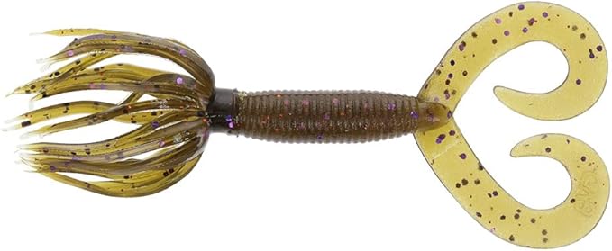 Yamamoto 4" Double Tail Hula Grub - Realistic Easy-to-Use Soft Plastic Fishing Lure Bait with Free-Flowing Skirt - 10 Pack, Green Pumpkin with Purple and Small Copper Flake