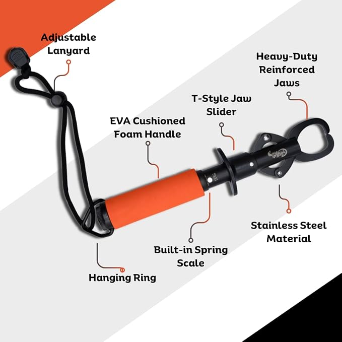 Catfish Pro Tournament Series Stainless Steel Fish Lip Gripper with Scale | One-Handed Operation | Rotating Head, Cushioned Handle, & Adjustable Lanyard for Easy, Precise, and Comfortable Fishing