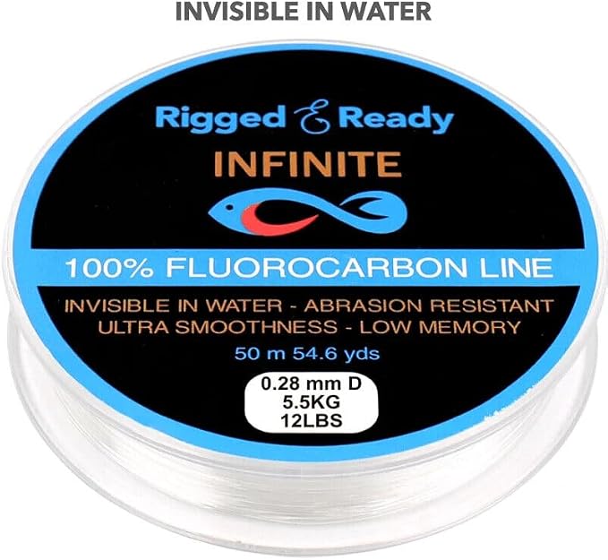 Rigged and Ready Infinite Fluorocarbon - Fluorocarbon Fishing Line Leader-50m 54.6y Virtually Invisible=More Bites. 4/8/12/16lb, 1.8/3.6/5.5/7.5kg-Saltwater Freshwater