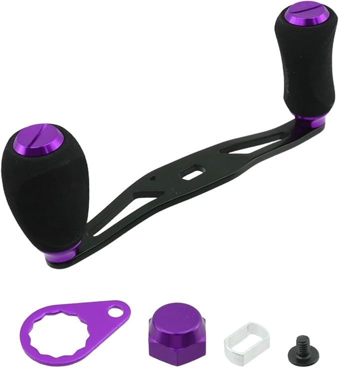 Fishing Reel Handle Purple Fishing Baitcasting Handle Rocker Baitcasting Reel Replacement Parts, with EVA Grip Knob and Nut (Black + Purple)
