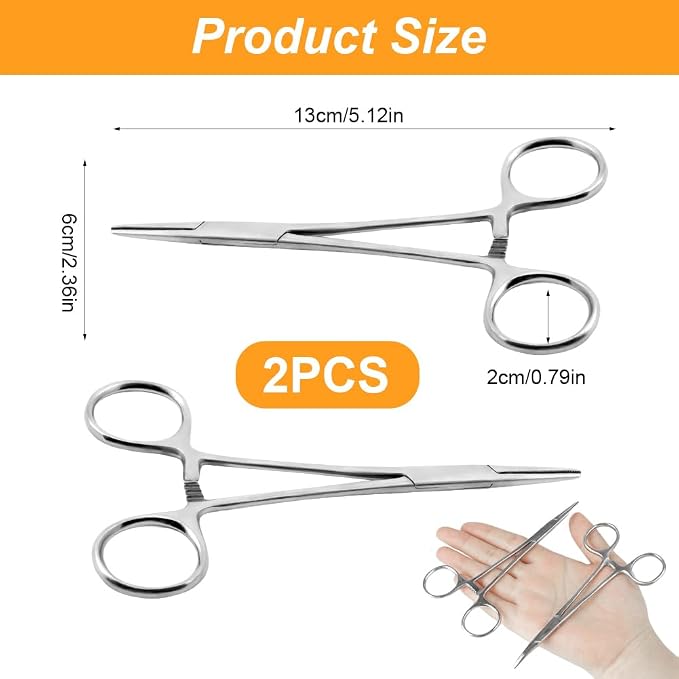 Ainiv 2 Piece Hemostat Straight Stainless Steel Self-Locking Fishing Forceps Piercing Remover Tool Piercing Grabber Tool for Nurses Pet Grooming Care Fishing DIY Crafting(5")