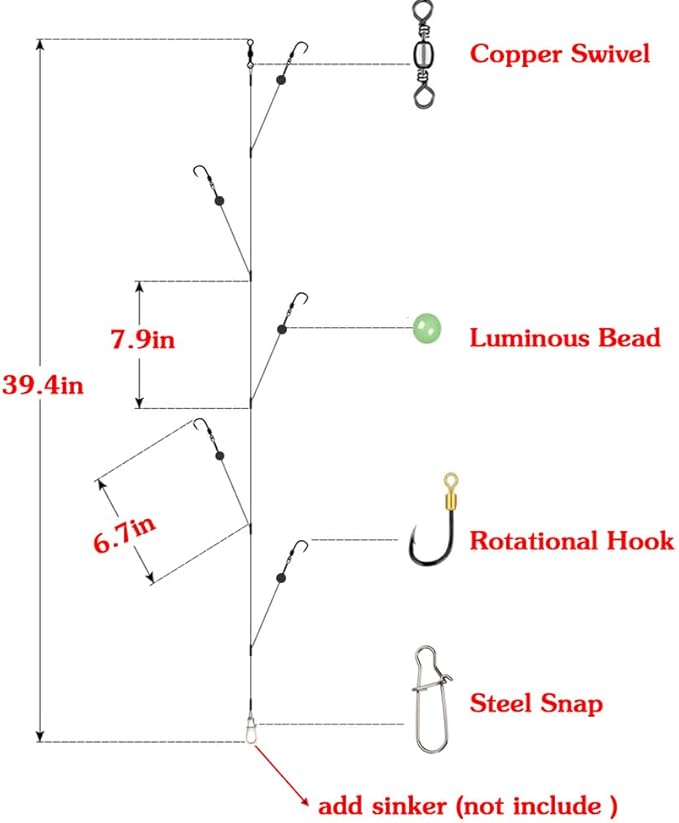 Fishing Hook with Leader,5 Hooks Fishing Rig-7 Strands Nylon Coated Fishing Leader with Swivle,Snap,Hooks
