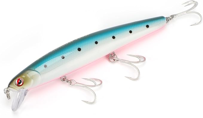LITTMA California Surf Fishing Lures Saltwater Jerkbait Crankbait Surf Minnow 110/125 - Metallic Sardine Super Glow & Pearl Pink Belly Glow Lures for Halibut & Striper Fishing