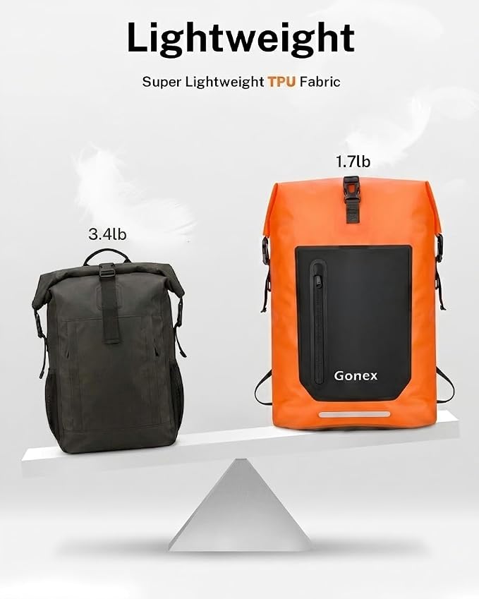 Gonex Ultralight Waterproof TPU Backpack, 55L Roll Top Dry Bag with Comfortable Padded Back Panel for Kayaking Boating Camping Fishing Travel,Orange