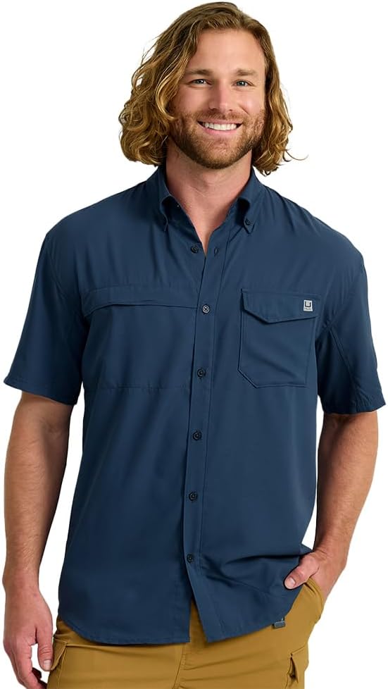 HUK Men's Tide Point Kc Scott Original Artwork Short Sleeve Shirt, Fishing Button Down