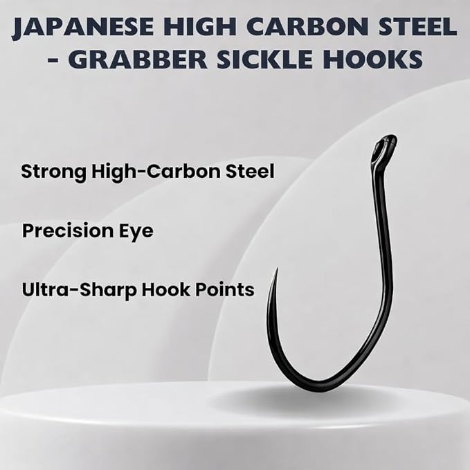 Maruto Barbless Grabber Sickle Fishing Hooks, Strong Japanese High Carbon Steel, Sizes #1 to 5/0, Black, Red & Pink