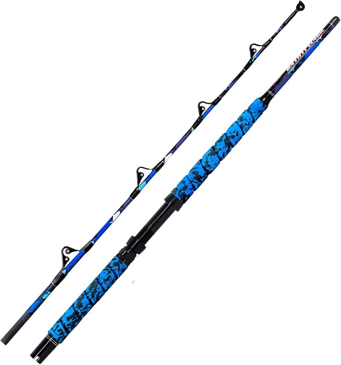 Fiblink Saltwater Fishing Rod 1Piece/2Piece Offshore Trolling Rod Big Game Deep Sea Rod Conventional Boat Blue Camouflage Fishing Pole(5'6"/6'/7')